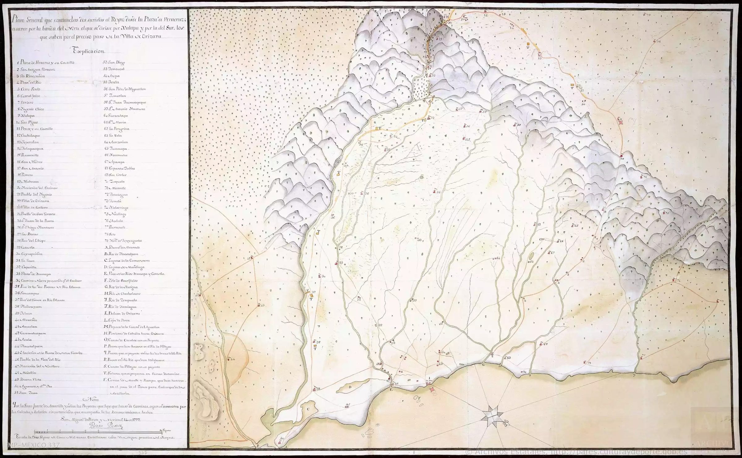 Los dos caminos de Veracruz a México en 1777: uno por Orizaba y otro por Xalapa. Córdoba queda del lado de Orizaba, en el tramo que la fundación de 1618 quiso asegurar.